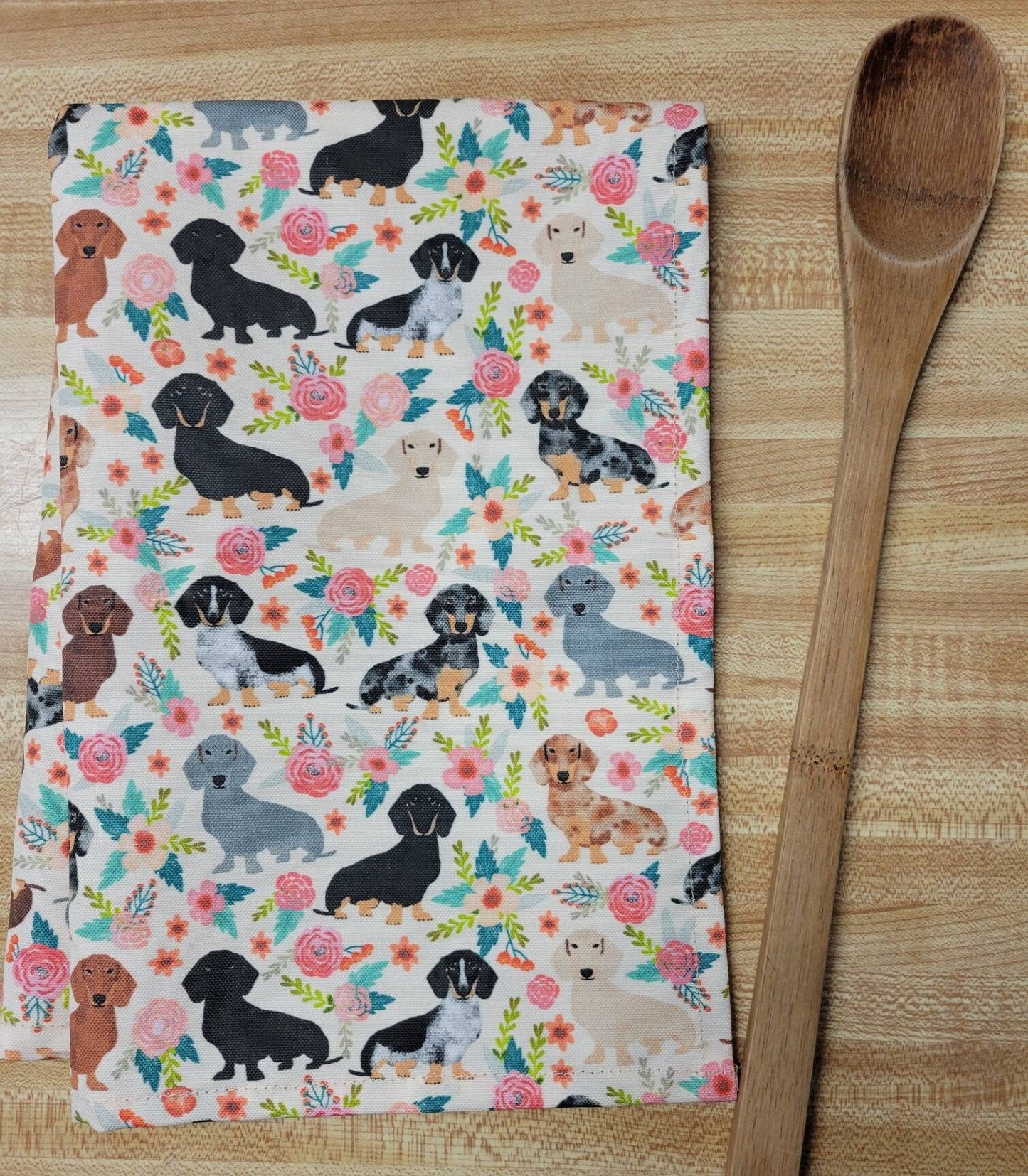 Dachshunds n' Flowers tea towel