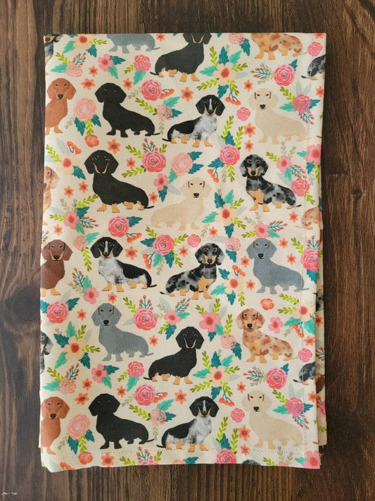 Dachshunds n' Flowers tea towel